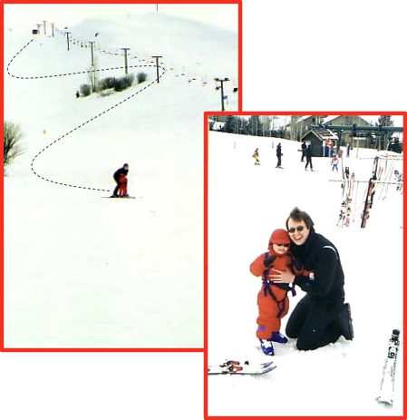 2 Pictures of 3 ½ y/o Vejas Harnessed in his Dad's Embrace Skiing Down a Slope in Utah & then Both Son & Father Beaming with Excitement at the End of the Run