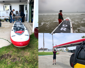 photo collage of : 1) Vejas & Petras both inflating the 21-foot inflatable paddleboard, 2) Vejas holding the front of the board as we launch into the ocean, 3) Petras helping load the tandem-paddleboard onto our yellow jeep