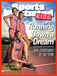 Image of Sports Illustrated Kids cover "Running Down Dreams" featuring 3 young track athletes